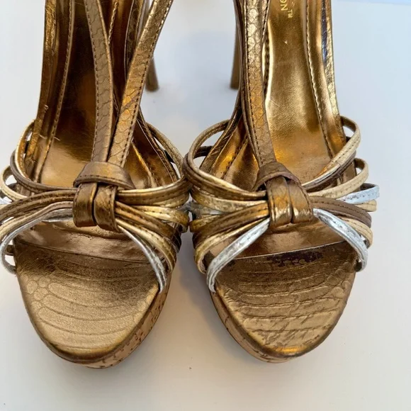 BCBG Gold Strappy Cork Platform Heels, Size 7 - Picture 8 of 11